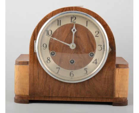 Art deco style walnut cased mantle clock, 23cm.