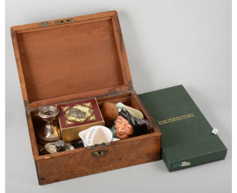 Pair of silver table spoons, vesta, candlestick and silver topped jar, etc. in a walnut box..