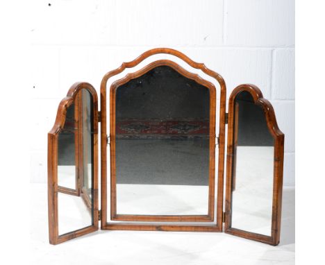 Crossbanded walnut triptych dressing table mirror, Queen Anne style, width 88cm, height 64cm.