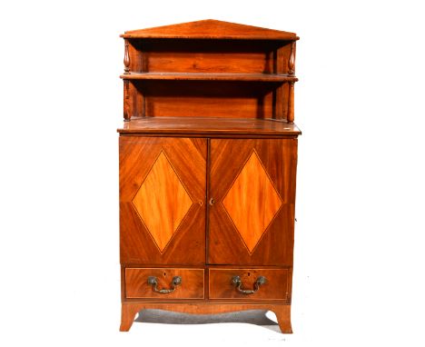 Victorian mahogany miniature chiffonier, two shelf back, above a base with cupboards above drawers, splayed bracket feet, wid