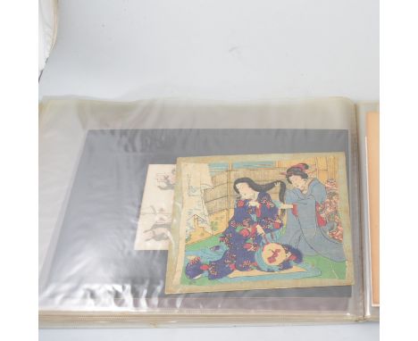 A folder containing a collection of Japanese woodcuts and prints, some hand coloured, loose and mounted. twelve leaves to fol