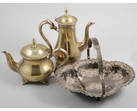 A set of twelve silver-plated goblet shaped stirrup cups and tray, Mappin Bros plated basket and a four piece teaset and tray