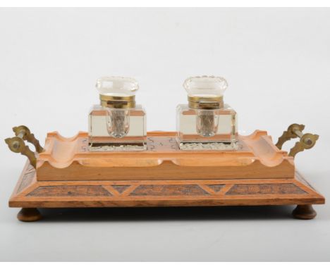 Victorian light oak desk stand, with twin inkwells, 36cm.