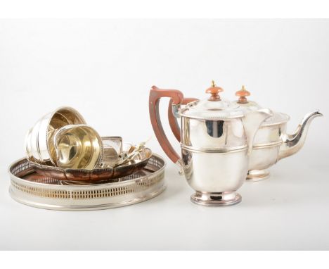 Cut-glass pin box with a silver lid, Birmingham 1921, 10cm; two silver napkin rings; plated comport tray; tea service.