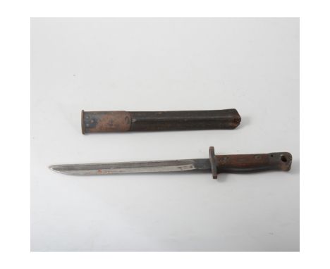 A 1907 Wilkinson bayonet, cut down to a 25cm long field knife with adapted leather and steel sheath, overall 39cm.