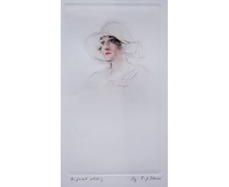 C J Bauer, Portrait study, hand coloured engraving, 21x12cm.