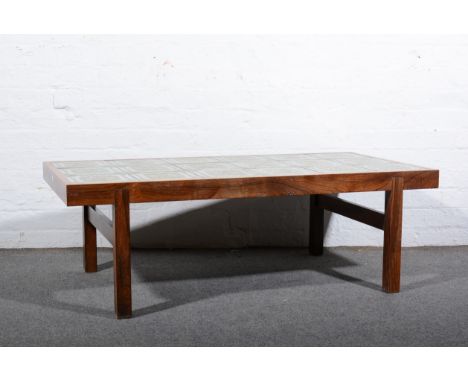 Trioh, Denmark, two tile-topped coffee tables, circa 1965, rosewood veneered frames inset with square ceramic tiles, one rect