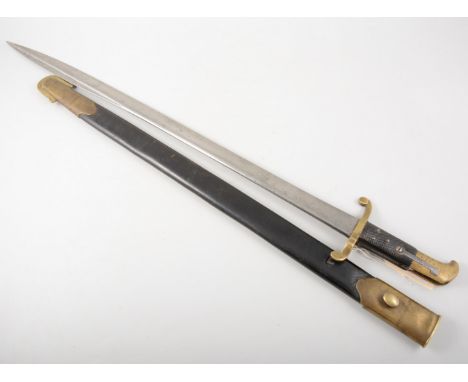 A fine and rare 19th century Sword bayonet for the Lancaster Rifles, brass mounts, spear pointed blade, 61cm, in leather scab