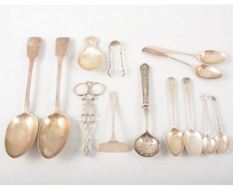 A quantity of silver flatware, a pair of Victorian silver fiddle pattern table spoons, hallmarked London 1867, modern silver 