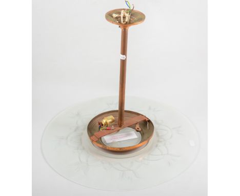 French Art Deco light fitting, bronzed metal suspension rod supporting and etched glass rim, 43.5cm diameter