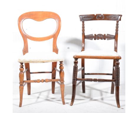 Small carved oak bedroom chair, bobbin turned front supports; together with a balloon back chair (2)