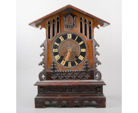 Black Forest stained wood Cuckoo clock, carved case, single fusee movement striking on a gong, stamped G.H.S presumably for G