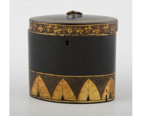 Regency papier mache tea caddy, oval, 12cm, (a.f.).