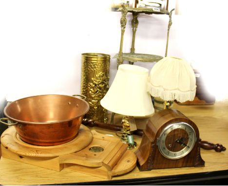 A brass plant stand, copper warming pan, clock etc.