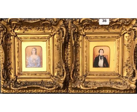 A pair of gilt framed early 19th Century portrait paintings on ivory, 28 x 30cm.