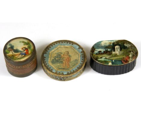A 19th Century papier mache snuff box, W. 6cm, together with two metal and card boxes.