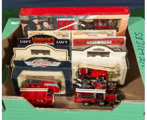 A collection of diecast fire engine models