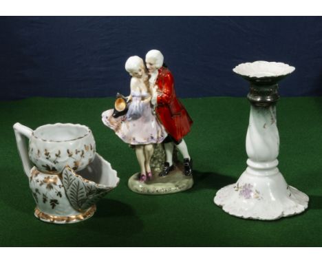 A shaving mug,  Royal Doulton figure group and a candle stick