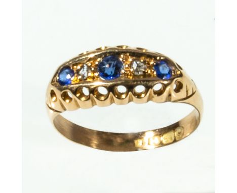 An 18ct gold five stone sapphire and diamond ring, size J