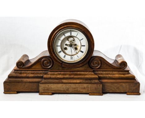 A Victorian burr walnut drumhead mantel clock with front escapement 8 day movement 21inch (53cm) wide 11inch (28cm)tall