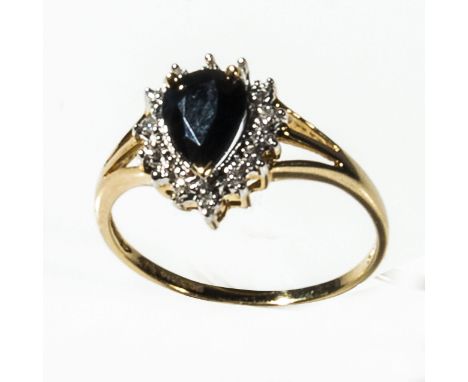 A 9ct gold pear drop shape sapphire and diamond ring, size P