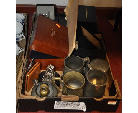 A box of miscellaneous items, to include an English Miniature Fine Art Sculpture pewter model of the Kiss after Auguste Rodin