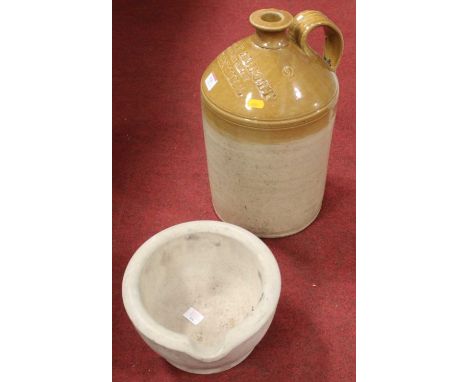 A vintage stoneware flagon inscribed Robert Abbot Cornhill to the shoulder; together with a large ceramic mortar, dia.24cm (2