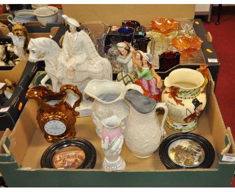 A collection of 19th century and later ceramics to include a Staffordshire flatback figure, John Peel musical joke, Prattware
