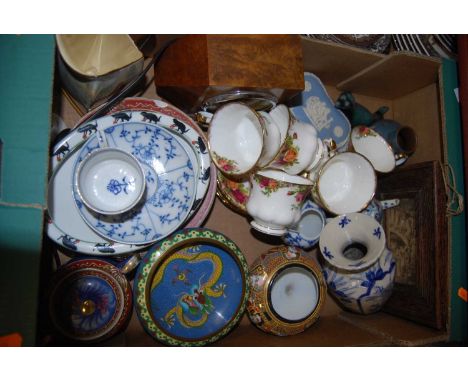 A box of miscellaneous items, to include a continental porcelain teacup and saucer, Royal Albert Old Country Roses teacups an