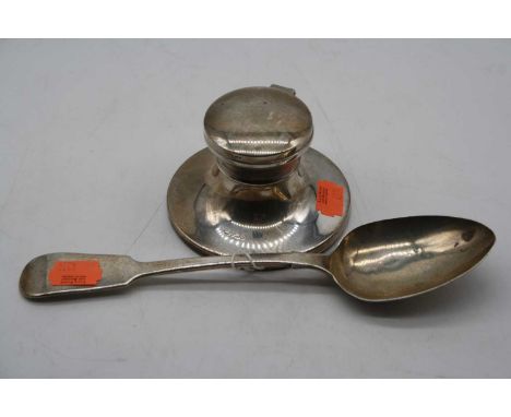A Victorian silver tablespoon in the Hanoverian pattern; together with a modern silver capstan inkwell, of plain undecorated 
