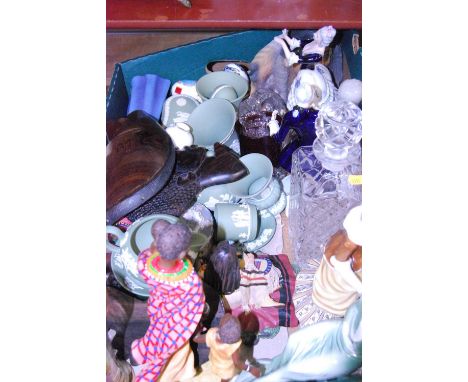 A box of miscellaneous items, to include a Hungarian Zsolnay Pecs hand-painted porcelain figure of a lady seated upon a chair