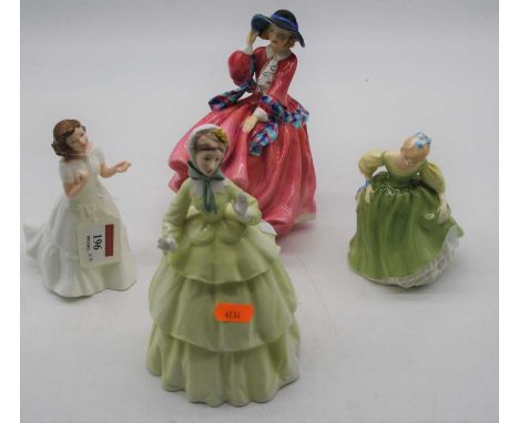 A Royal Worcester figurine 'Sincerity', together with three Royal Doulton figurines to include 'Top o' the hill' HN1849, 'Wel