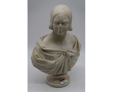 A Victorian carved marble head and shoulders portrait bust of a lady, on socle base, h.32cmCondition report: Crack to the bac