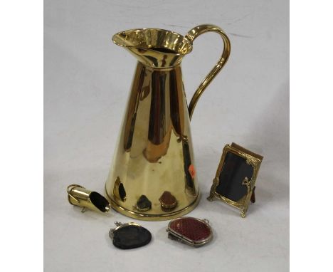 A small collection of miscellaneous items, to include early 20th century brass pitcher of conical form, leather purse, easel 