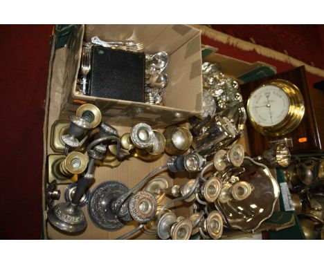 Two boxes of miscellaneous items, to include a pair of Old Sheffield Plate three-sconce table candleabra, three single turned