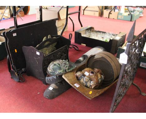 A collection of miscellaneous items, to include a dough trough, tribal mask, fire screen, magazine rack etc 