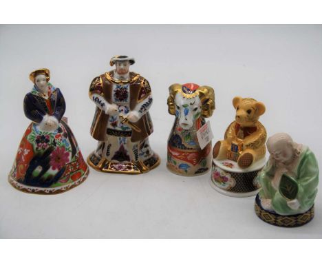 A collection of five Royal Worcester figural candle snuffers, to include Henry VIII, Sleeping Buddha, Catherine Parr, Ram, an