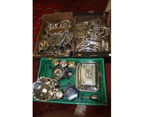 Three boxes of miscellaneous metalware to include three piece tea service, entree dishes, toast rack, sauce boats, comport et