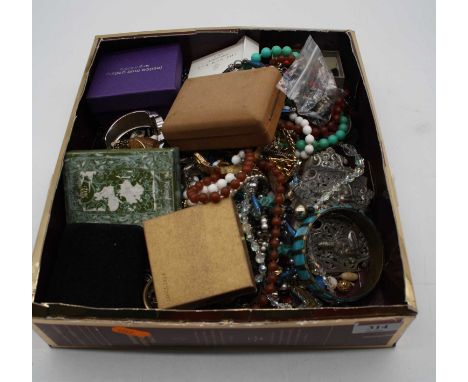 A box containing a collection of various costume jewellery to include a pierced white metal buckle, wristwatches, bangles, ne