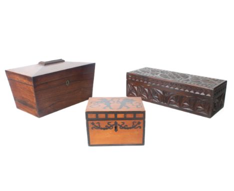 Three antique boxes - comprising a small French 19th century blonde wood box with penwork ebonised decoration of two cherubs 