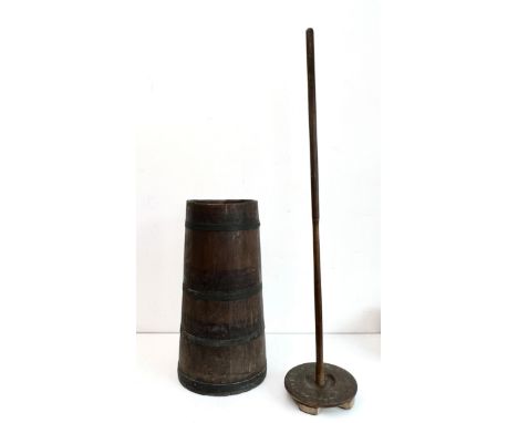 An antique coopered oak butter churn &ndash; with paddle, the churn 58.5cm high, overall 109cm high.