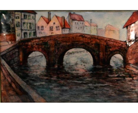 A Limoges enamel rectangular plaque, by C. Fauré, signed, of a continental urban riverscape, 14.5cm x 21cm, c. 1900