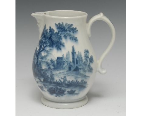 A rare Worcester European Landscape pattern water jug, printed in blurred blue, mask spout, 16.5cm high, hatched crescent mar