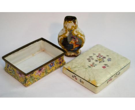 A George III Rococo enamel quatrefoil-shaped scent bottle, probably London, in relief and painted in polychrome with an Old M
