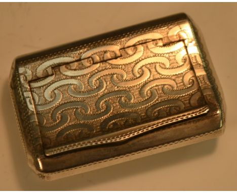 A George III silver bowed canted rectangular snuff box, bright-cut engraved with bands of interlaced C's outlined with wriggl