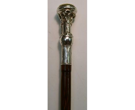 A French Belle Épqoue lady's silver, enamel and bamboo walking cane, cast alto-relievo with a frieze of classical maidens abo