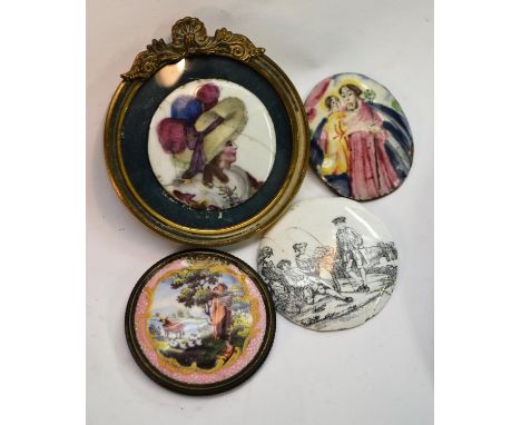 A George III South Staffordshire enamel roundel, decorated with a bust-length profile of a lady of fashion, 4cm diam, framed 