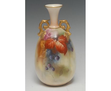 A Royal Worcester lobed ovoid vase, painted with blackberries and autumn leaves, gilt scroll handles to shoulders, spreading 