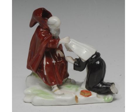 A rare Derby Patch Mark figural group, the Confessional Group of Abbot and Nun, the veiled nun kneels before her confessor in