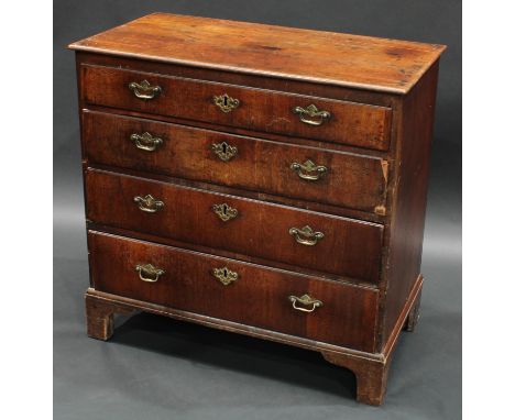 A George II/III mahogany chest, slightly oversailing top above four long graduated drawers, brass swing handles, bracket feet